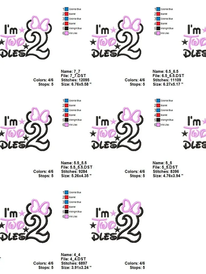 I'm Twodles second Birthday number 2 two doodles Mouse Girl Design applique for Machine Embroidery