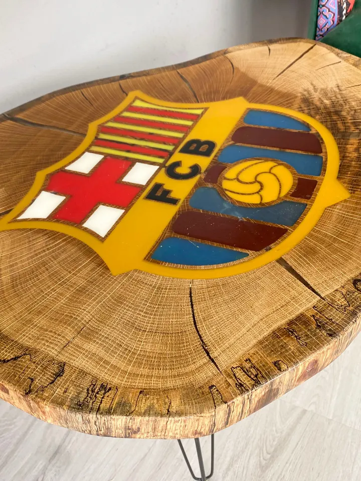 Resin FC Barcelona Oak Coffee Table, Unique Coffee Table, Live Edge Coffee Table