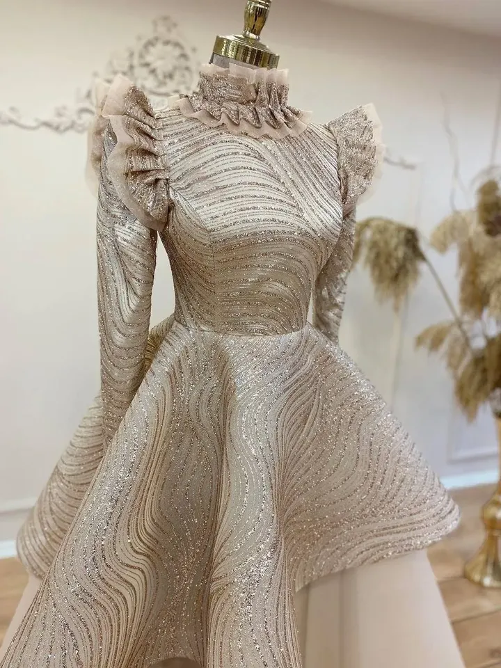 AHUNARE HIJAB - Sultan Gold Frilly Embroidered Wedding Dress, Muslim Evening Gown, Nikah, Islamic Wedding, Engagement, Bridesmaid,