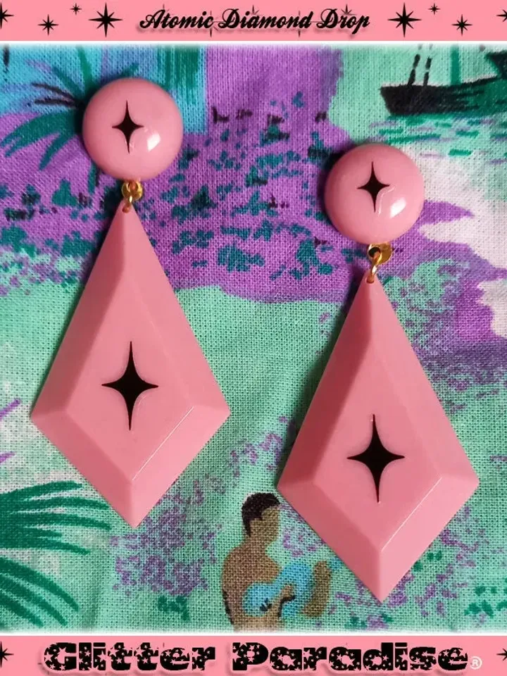 Atomic Kite Drops - Earrings - Mid-Century Modern - 50s Atomic Retro Spark - 50's Retro Pink Earrings - Vintage Inspired - Glitter Paradise®