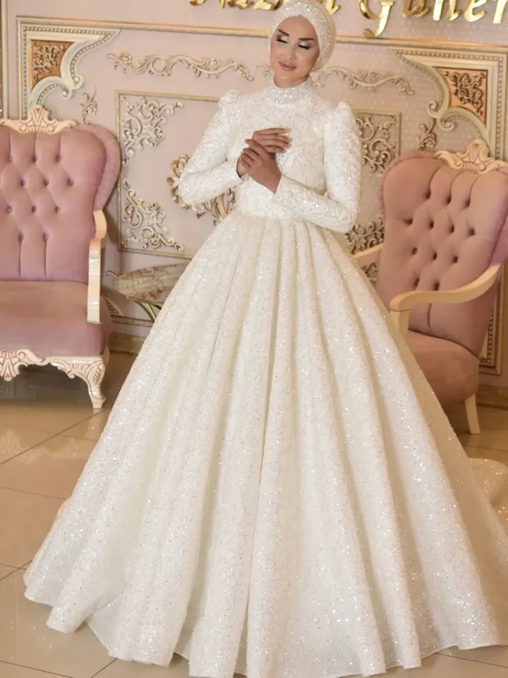 Bulut White Embroidered  Bright Princess Wedding Gown, Bridal, Muslim Wedding, Hijab Wedding, White Wedding Dress, Islamic Wedding