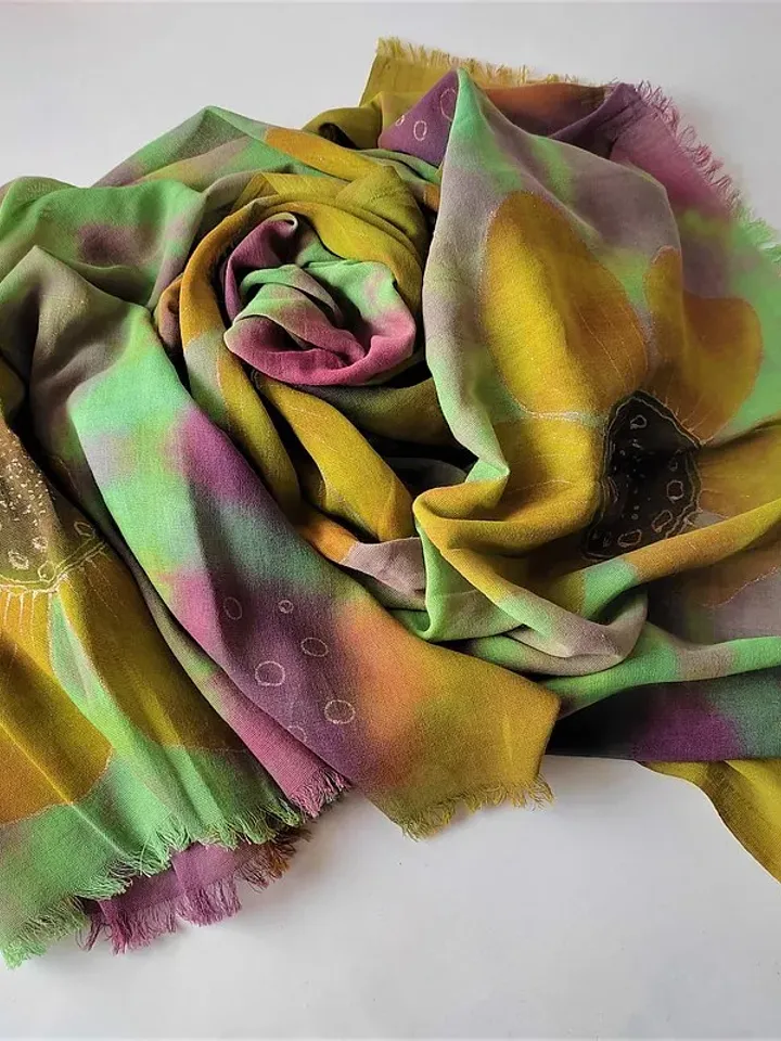 Green yellow cotton floral scarf Womens cotton long scarf Hand dyed scarf