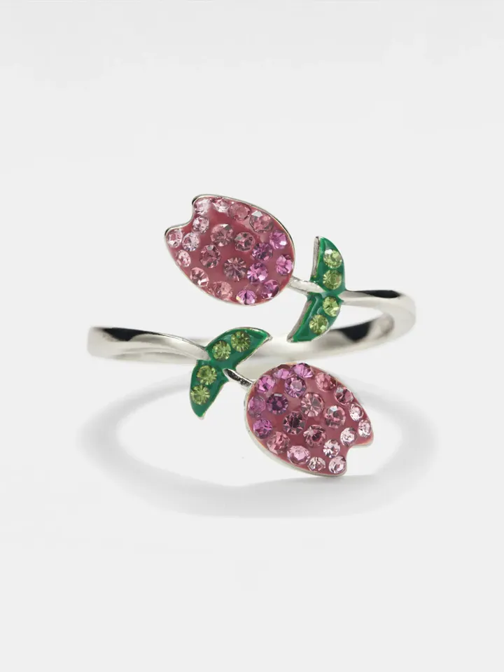 PERIMADE Crystal Tulip Cocktail Ring • Pink Tulip Flower Stacking Ring • Sterling Silver Friendship Jewelry • Trendy Best Friend Gift