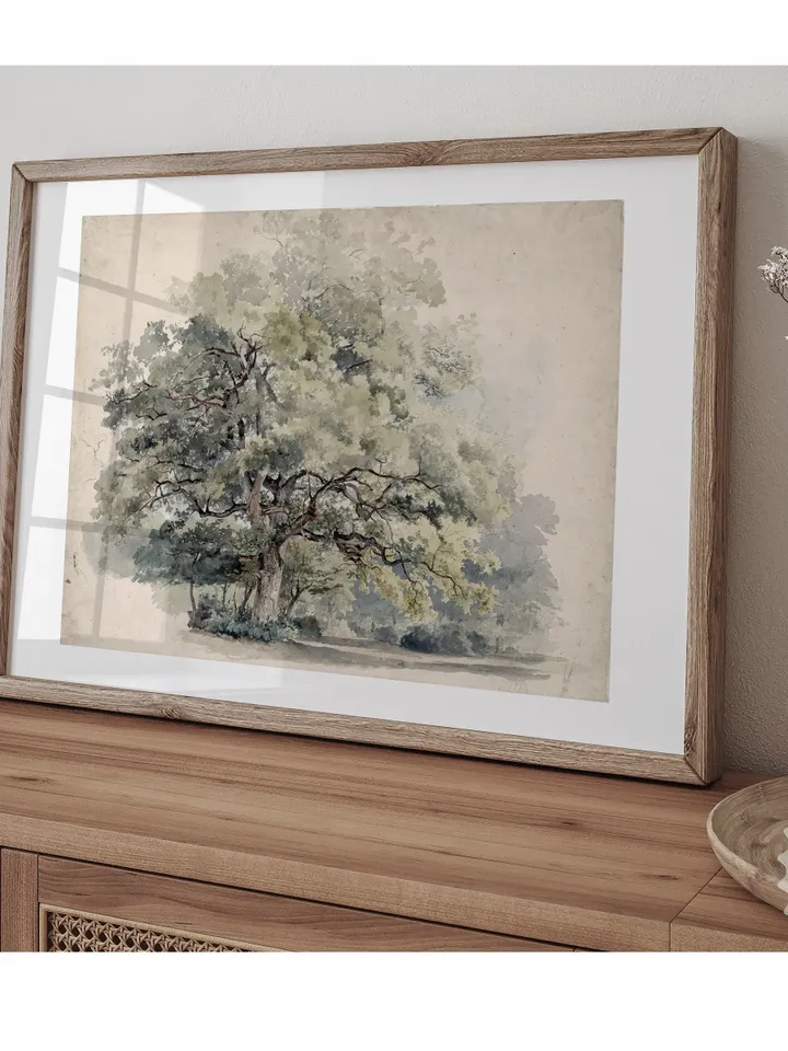 Muted Single Tree Painting, Vintage Wall Art, Printable Landscape Watercolor, Downloadable Rustic Decor | 05