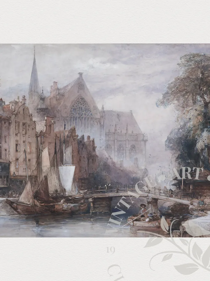 Vintage Amsterdam Large Wall Art Print, Antique Watercolor Painting, Old Architecture Printable Decor, Digital Downloadable | 95