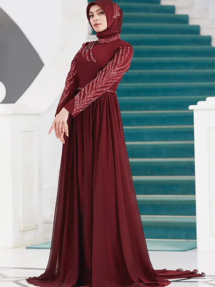 AHUNARE HIJAB - Liz Burgundry Chiffon Wedding Dress, Muslim Evening Gown, Nikah, Islamic Wedding, Engagement, Bridesmaid,
