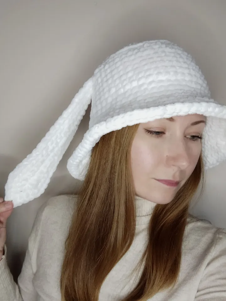 White bunny bucket hat with bunny ears Fluffy bucket hat crochet Gift for teens