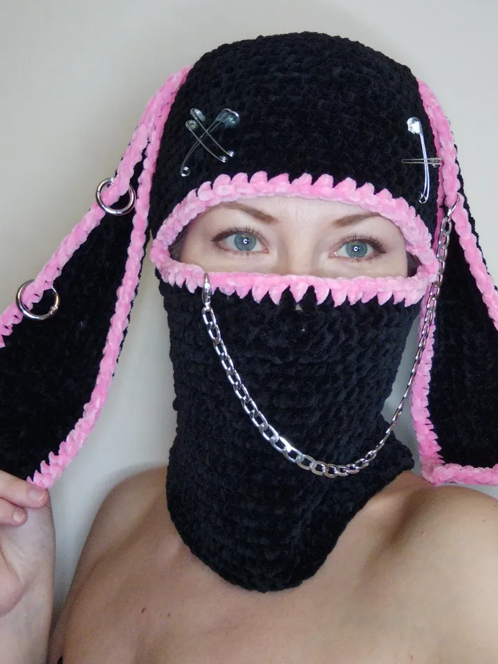 Pink black bunny balaclava Bunny kigurumi hat Sexy balaclava hat Crazy bunny hat crochet Halloween full face cover