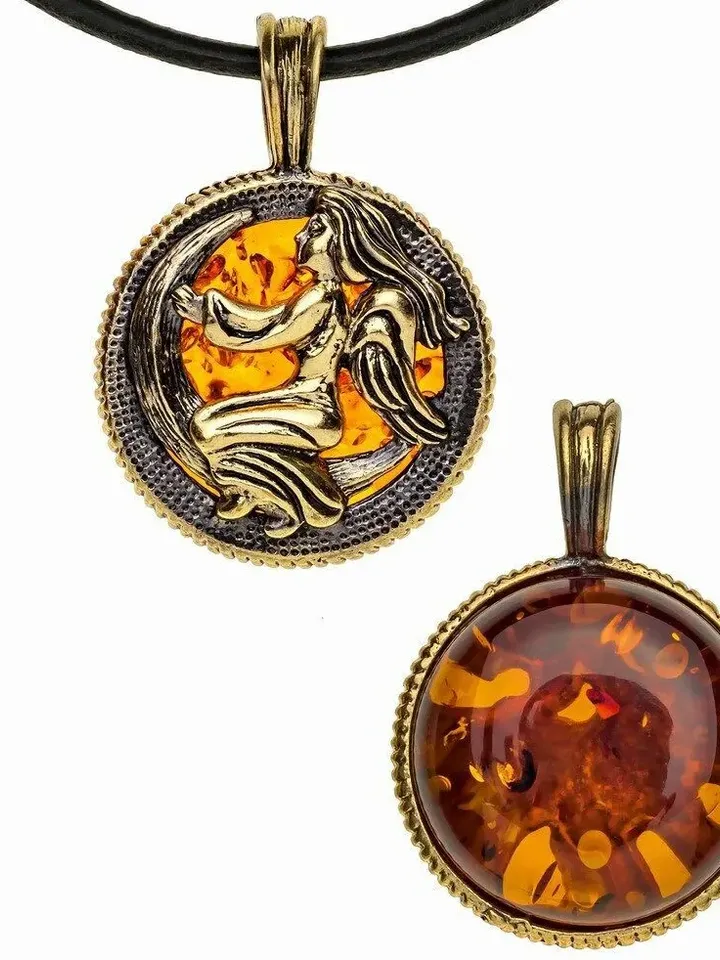 Virgo Zodiac Pendant Necklace Gold Black Brass and Amber Pendant Virgo horoscope jewelry gift for men women