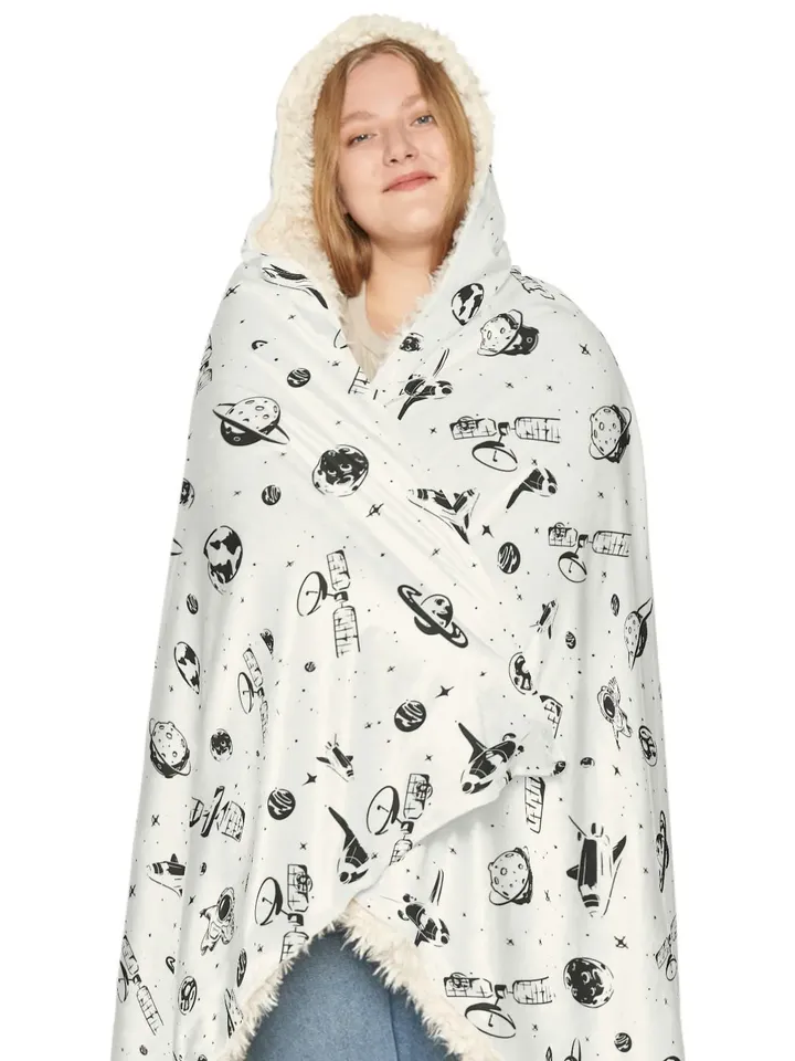 Space Pattern Hooded Blanket | Fleece/Sherpa Lining Snuggle Blanket, Hood Throw Blanket, Home Decor, Science Fiction Space Blanket