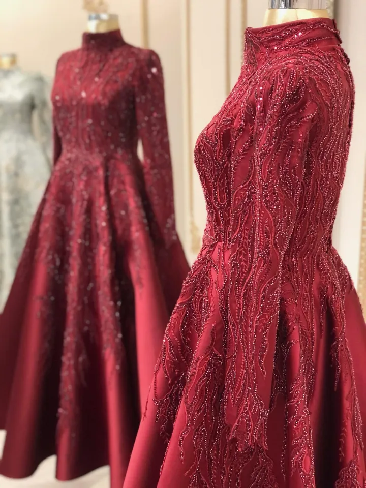 AHUNARE HIJAB - Ela  Burgundy Embroidered Wedding Dress, Mu slim Evening Gown, Nikah, Islamic Wedding, Engagement, Bridesmaid,