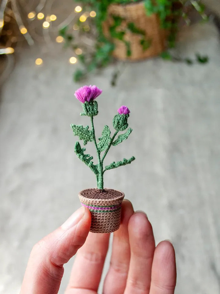 Crochet THISTLE in a pot, Scottish Thistle flowers, Fairy garden miniature, Flower present, Thank you gift, Meaning gift
