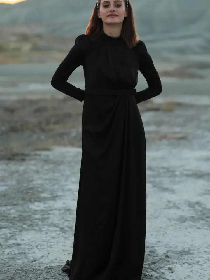 AHUNARE HIJAB - Irem Dress, Satin Dress, Black Color, Muslim Evening Dress, Nikah, Wedding, Engagement, Bridesmaid, ,
