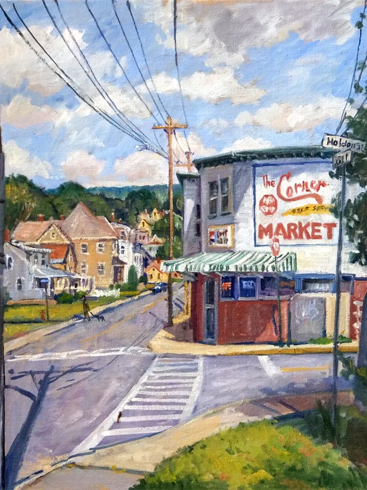 Large Original Landscape Painting -Corner Market/North Adams- 30x30 Oil on Canvas, Plein Air Impressionist Cityscape, Signed Original