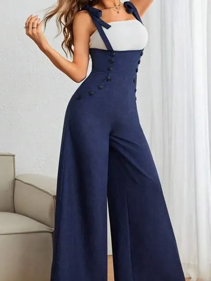 Navy Blue Elegant Straps Double Breasted Pockets High Waist Wide Leg Suspender Jumpsuit Overall Women Ladies