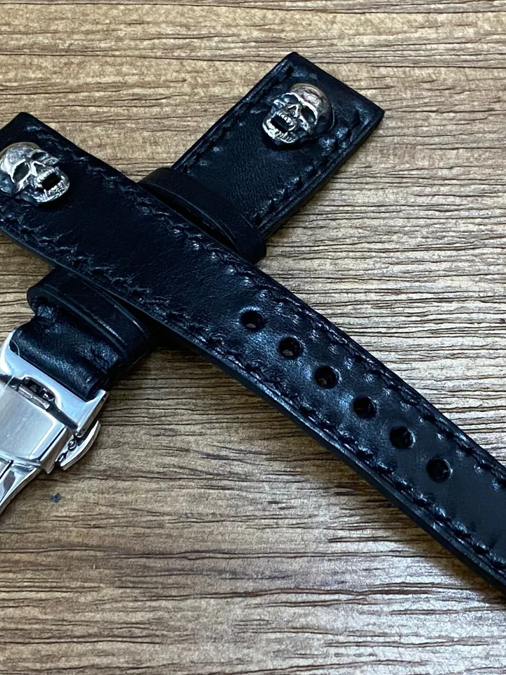 Leather Watch Straps 19mm Sterling Silver 925 Skull, Butterfly Clasp Wrist Watch Band in Black Genuine Leather 20mm, Gift Ideas for husband