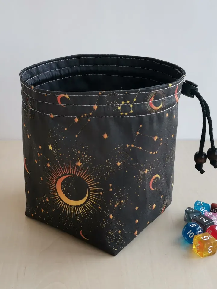 Large dice bag with pockets for 150-200 dice Moon and stars