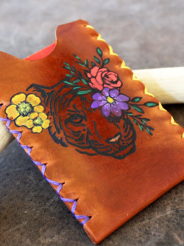 Tiger Wallet, Small Women Card Wallet, Floral Tiger, Hand Painted Leather Card Holder, Business Card Case, Personalized Wallet
