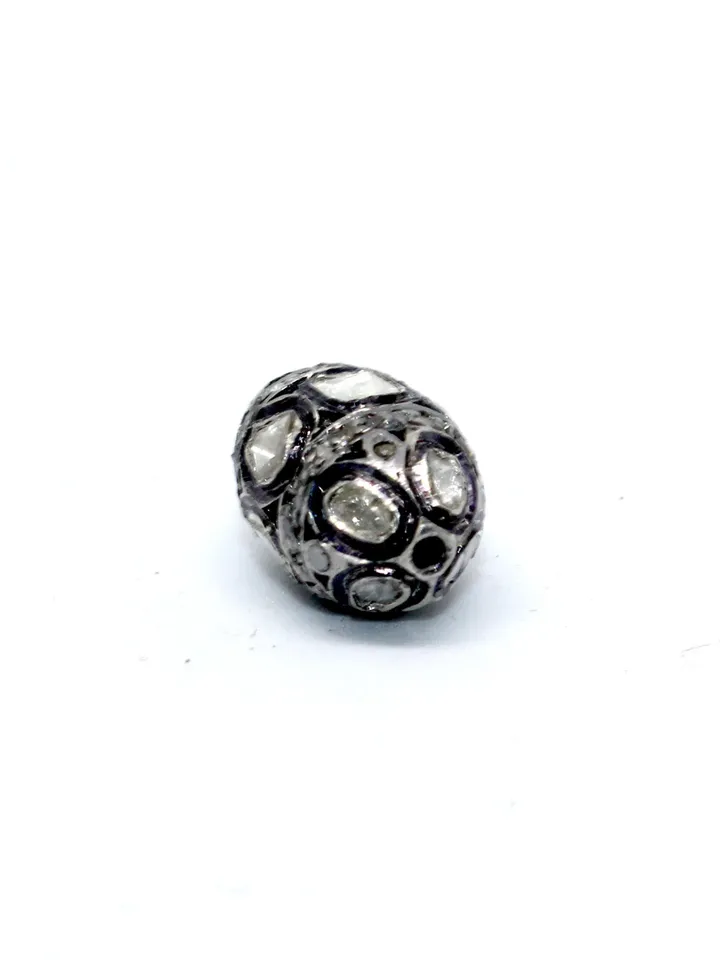 Diamond Polki Beads, Micro Pave Beads, 10X14MM Beads, Long Oval Beads, 925 Sterling Silver Beads, Polki Beads, Pave Spacer Beads