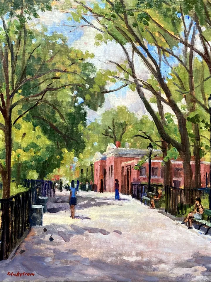 Original New York Cityscape Painting - From Tompkins Sq Park/East Village NYC - 16x16 Oil on Canvas, New York Impressionist Signed Original