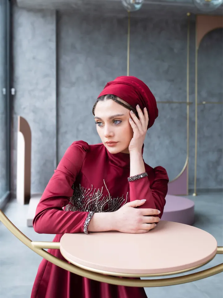 AHUNARE HIJAB - Pera Burgundy Satin Embroidered Tailed  Wedding Dress, Muslim Evening Gown,  Islamic Wedding, Engagement, Bridesmaid,