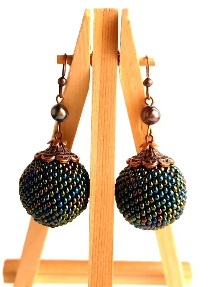 Green earrings balls with pearls earrings beaded earrings dangling drop earrings