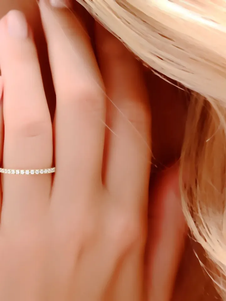 PAVE WEDDING BAND | Women Wedding Diamond Gold Ring | Moissanite Half Eternity Band | Yellow 14k Solid Gold Ring For Anniversary