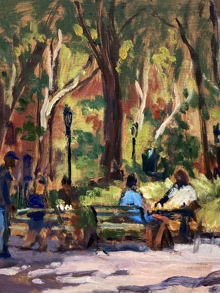 Original New York Cityscape Painting - Chess Players in Washington Square /NYC - 8x8 Oil on Panel , Signed New York Impressionist Fine Art