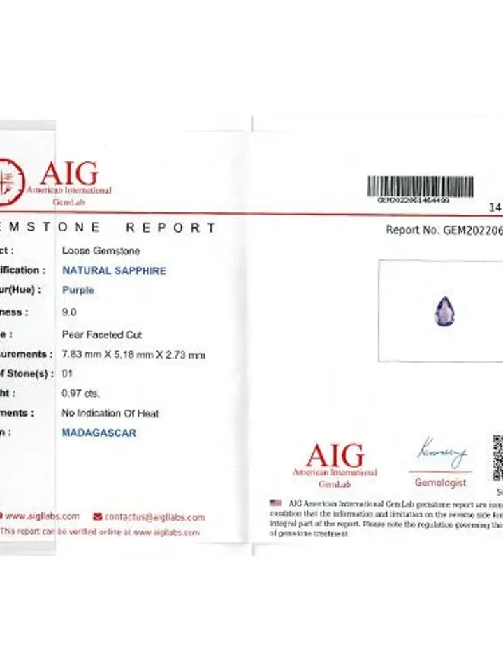 0.97 CT AIG Certified Exclusive Unheated 100%Natural Purple Sapphire Madagascar