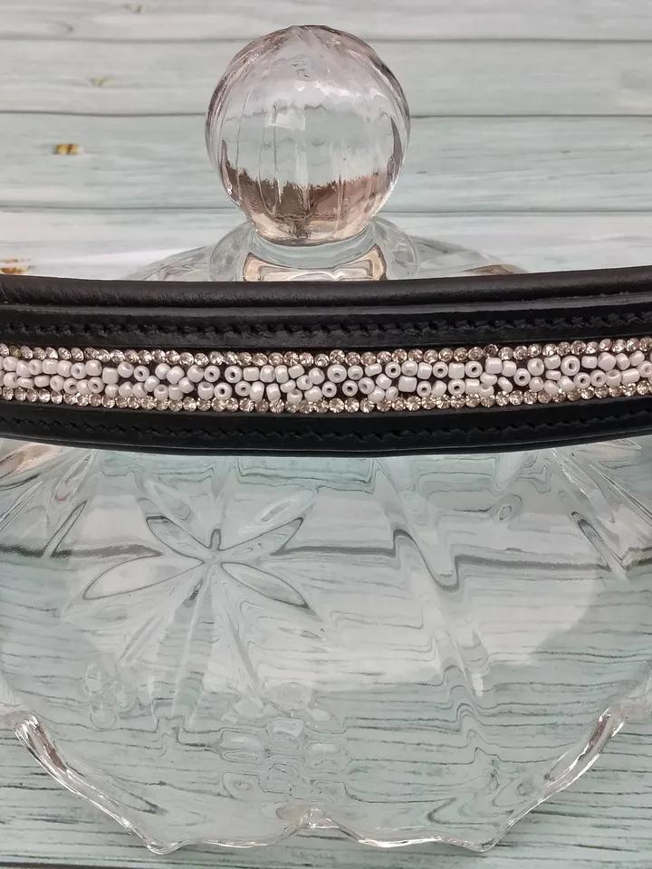 Beaded Browband Silver Crystal Chain Straight Shape-Black Leather Browband With Soft Padding-NEXT DAY DISPATCH!