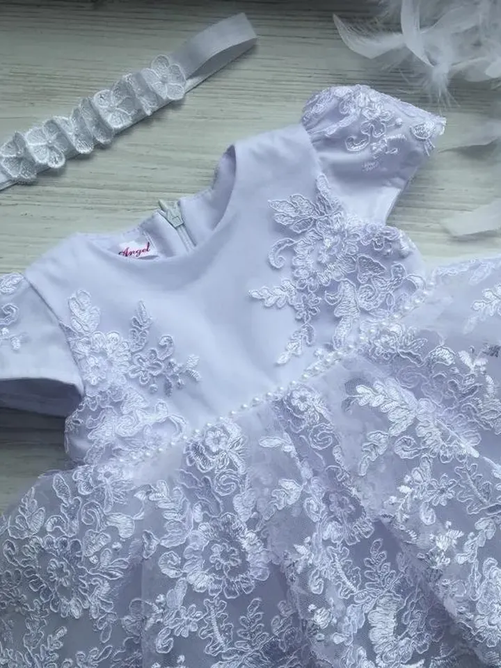 Baptism dress. Christening dress with headband. White dress with lace, 3d flowers and headband for baby girl.
