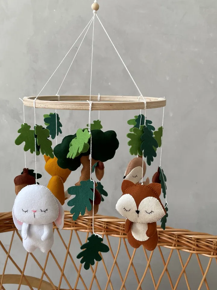 Woodland mobile baby nursery decor. Bunny dear fox mobile. Forest animals neutral baby mobile. Hanging crib mobile