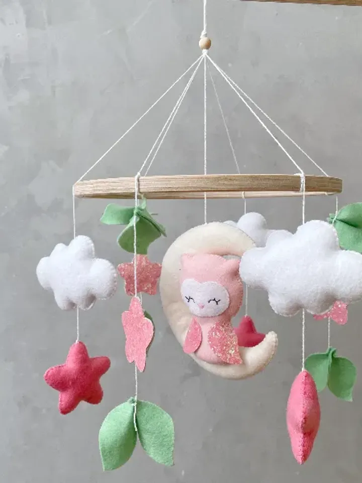 Owl crib mobile girl pink, Woodland baby mobile girl, Pink and mint nursery woodland decor