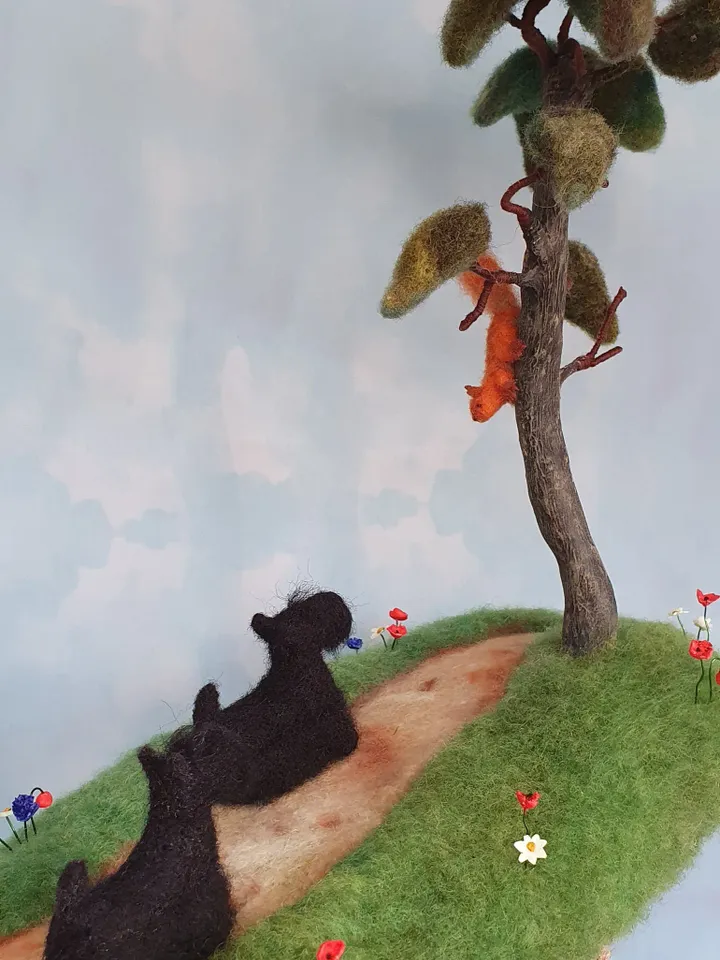 Scotch terrier, squirrel, walk in the woods, diorama with dogs, miniature scotty and squirrel, pine, dry felting composition