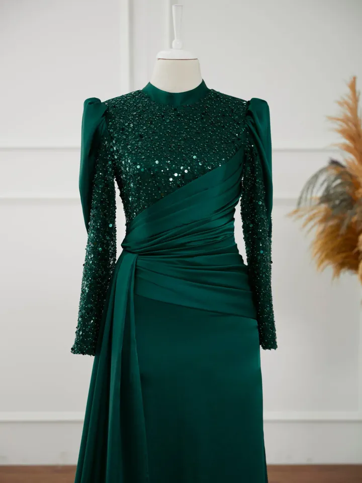 Karel Emerald Satin Side-Tailed Embroidered Wedding Dress, Muslim Evening Gown, Nikah, Islamic Wedding, Engagement, Bridesmaid,