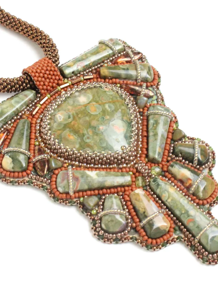 Necklace with ocean jasper embroidered with beads green beaded ethnic pendant talisman amulet boho jewelry
