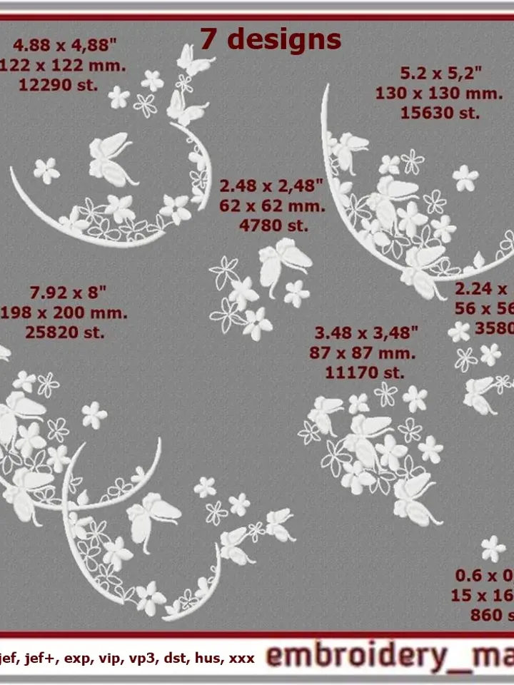 Flowers and butterflies monochrome embroidery designs