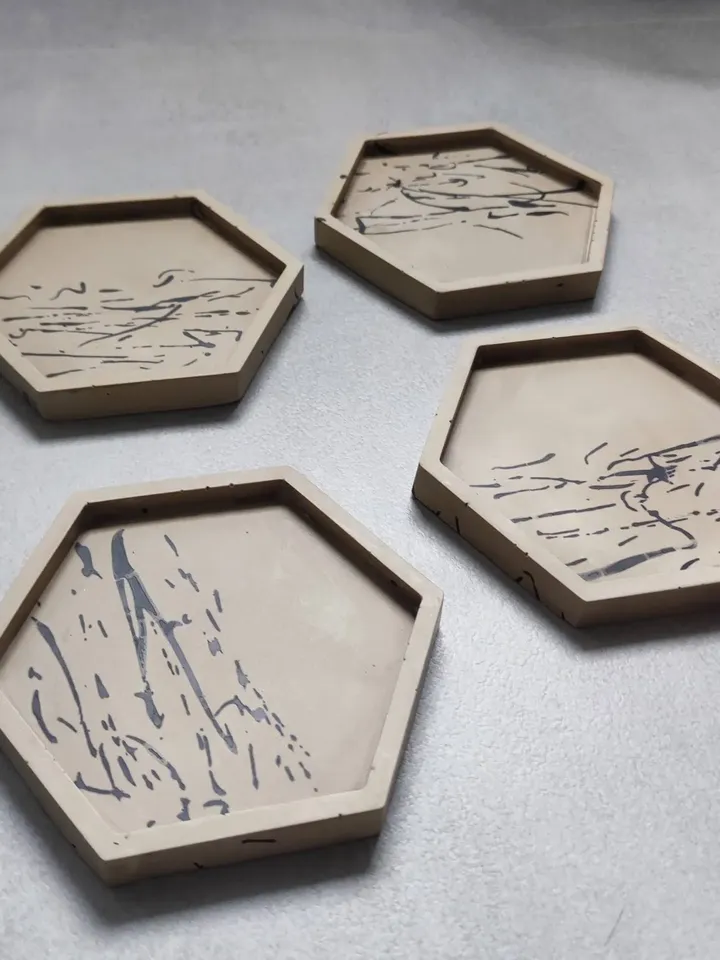 Jesmonite hexagonal trays / coasters with splashes in greige