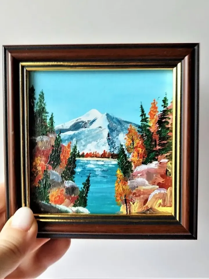 Fall mountain landscape painting small wall decor framed art