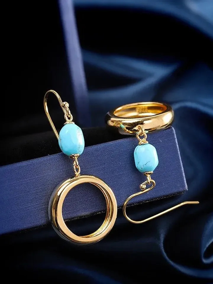 Turquoise Gold Hoop Earrings, Gemstone Hoop Earrings, Turquoise Dangle Hoop Earrings, Bohemian Hoop Earrings, Turquoise Hoop Drop Earrings