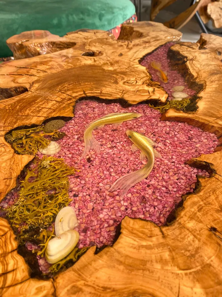 Koi Fish Epoxy Olive Wood Coffee Table, Unique Coffee Table, Live Edge Coffee Table, Modern Coffee Table