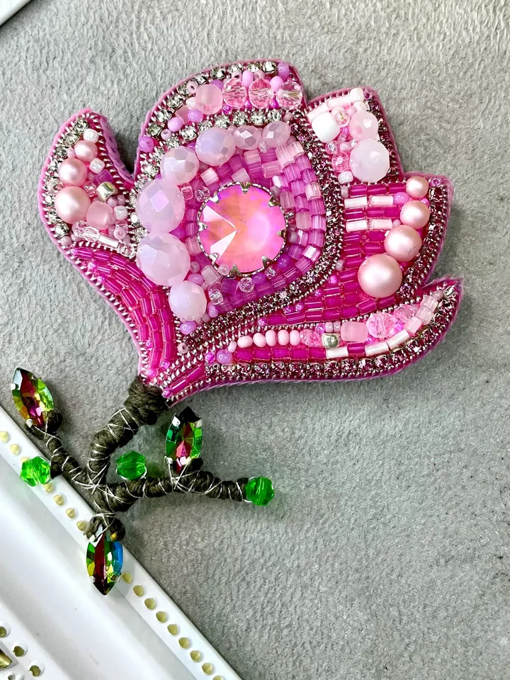Magnolia Beaded Brooch, Handmade Embroidered Accessory, Crystal Flower of Pink Color Pin, Flower Brooch, Pink Flower