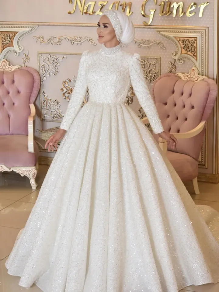 Bulut White Embroidered  Bright Princess Wedding Gown, Bridal, Muslim Wedding, Hijab Wedding, White Wedding Dress, Islamic Wedding