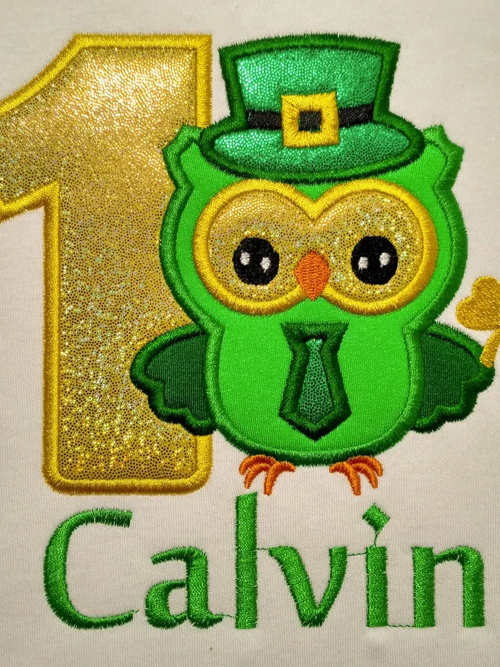 St_Patrick's Day Owl Green Hat with Shamrock Patrick's Boy Applique Design for Machine Embroidery