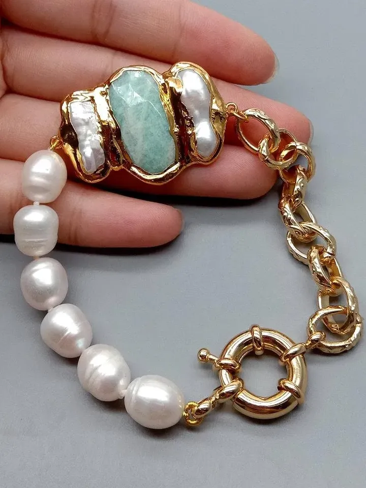 Amazonite Bracelet, Chunky Bracelet, Chunky Gold Bracelet, Gold Pearl Bracelet, Chunky Gemstone Bracelet, Chunky Pearl Bracelet, Bohemian