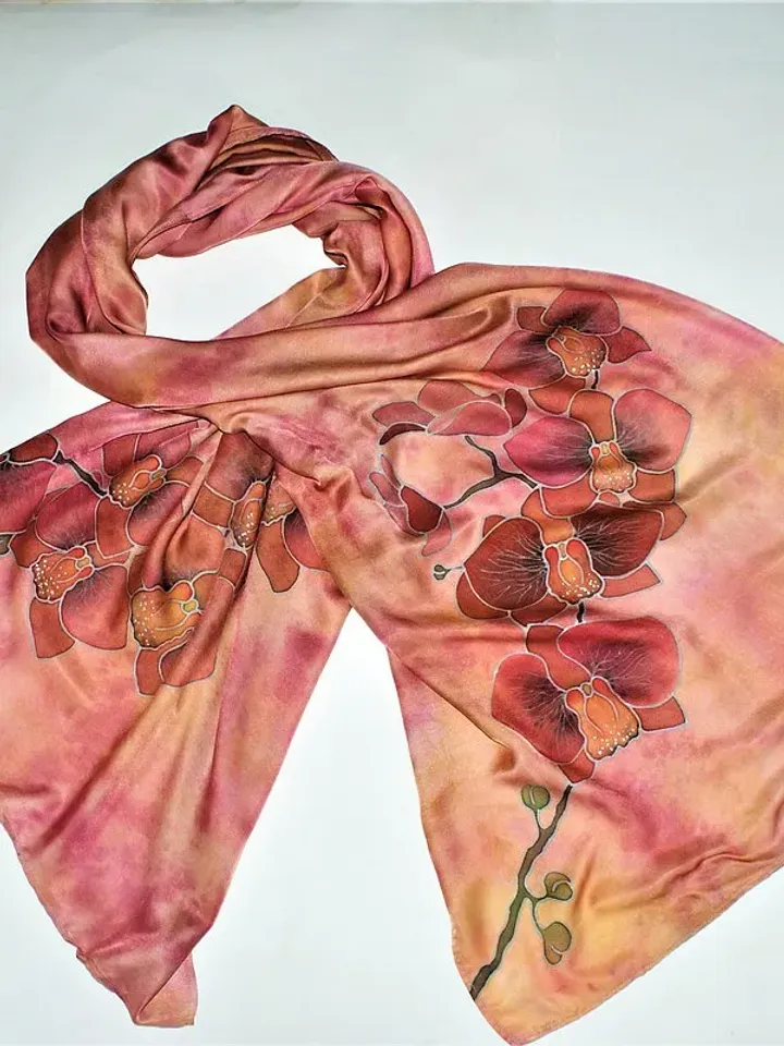 Beautiful long silk scarf Hand painted scarf Orchid print scarf silk satin scarf