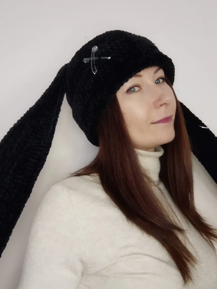 Fluffy bunny hat goth with long ears Black bunny beanie hand knit Plush bunny hat adults