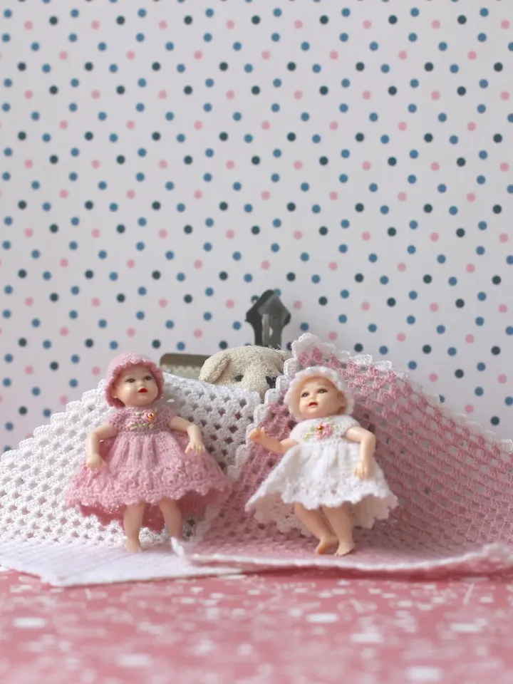 Miniature hand knitted dress for 2 inch baby doll Heidi Ott