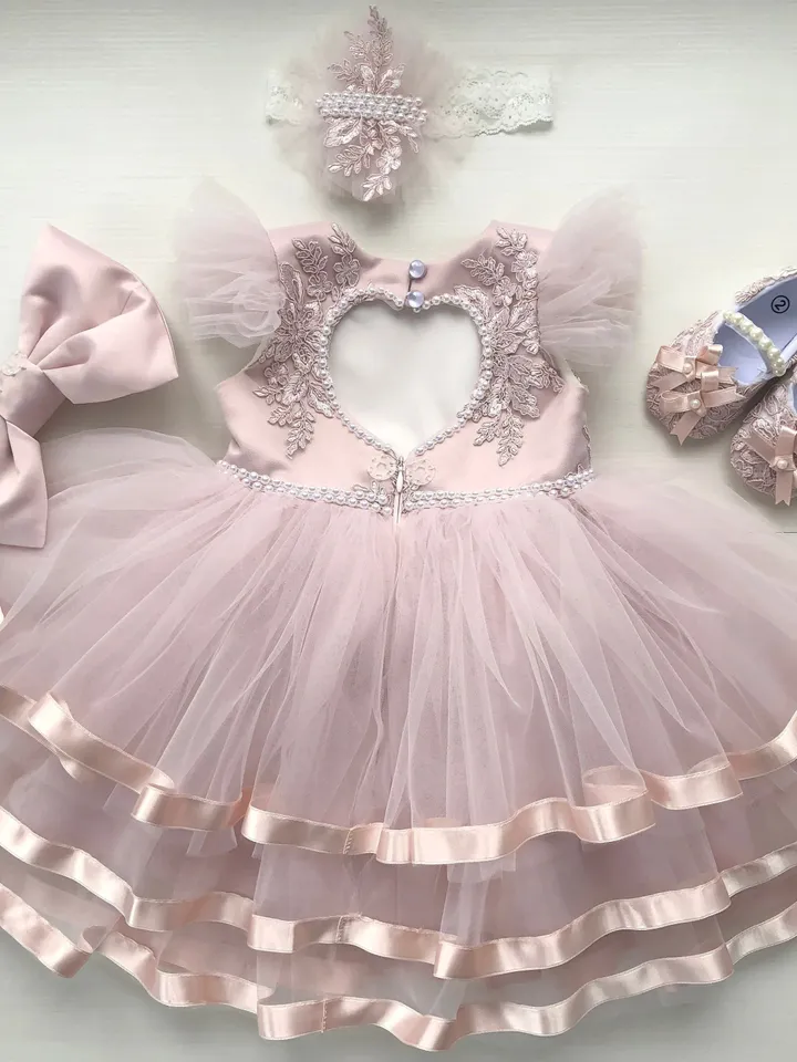 Blush pink dress with lace, pearls and ribbon. Dress with headband and booties for baby girl. First birthday dress.
