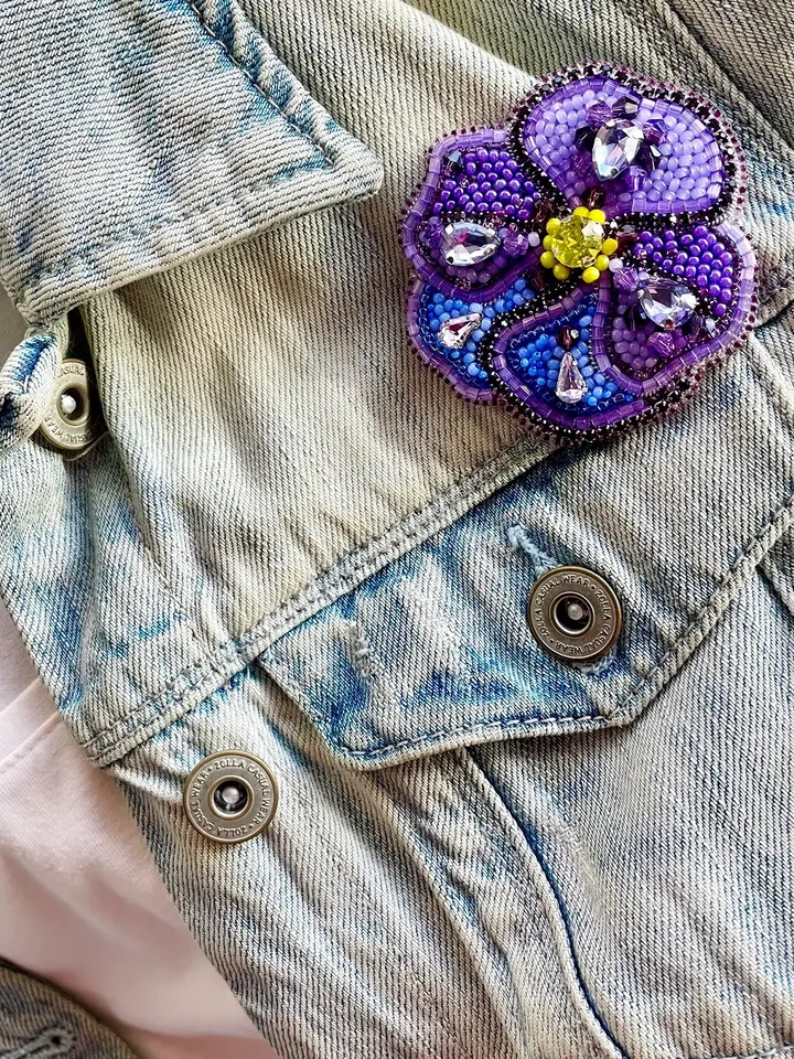 Violet Beaded Brooch, Handmade Embroidered Accessory, Pin Purple Viola, Flower Brooch, Floral Jewelry, Handmade Brooch